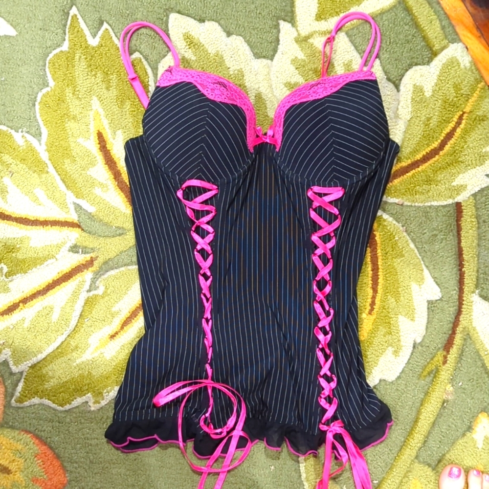 Black and hot pink pin-striped corset